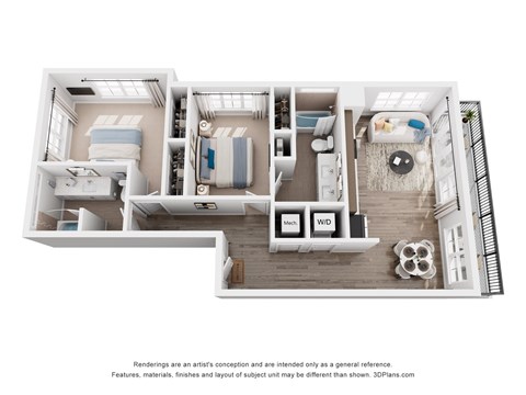 Floor plan for 2 beds, 2 baths, 1009 sqft